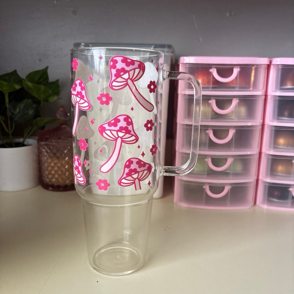 Clear Glass Mug with Pink Mushroom Design